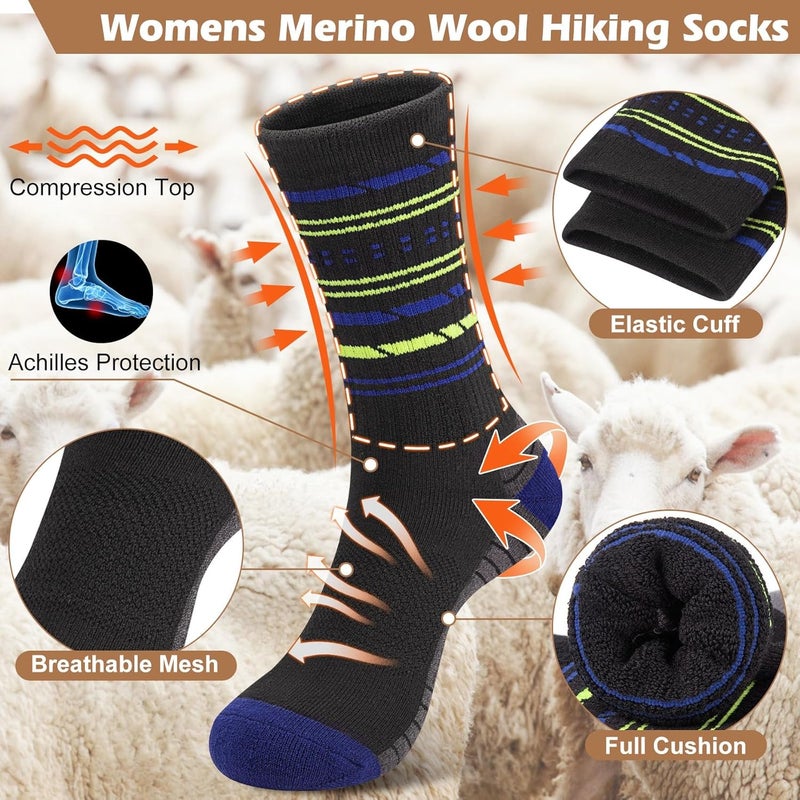 SEEKSOCK Store 5 Pairs Womens Merino Wool Hiking Socks Winter Warm Crew Moisture Wicking Thick Cushioned Striped Boot Socks - Image 2